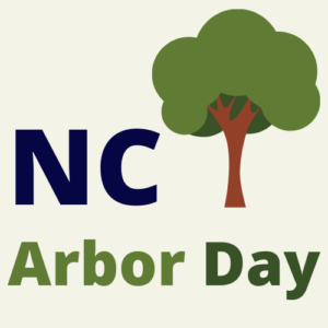 Words read, "NC Arbor Day." On the right is a cartoon image of a tree.