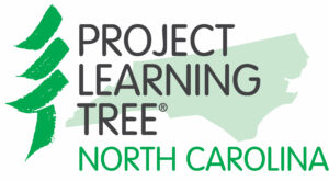 NC PLT Logo has a green tree on the left made with three sweeping brush strokes for the tree top and one brush stroke for the trunk. In the background is a light green outline of the state of North Carolina. Overlaying the state outline are the words Project Learning Tree in black and North Carolina in Green.