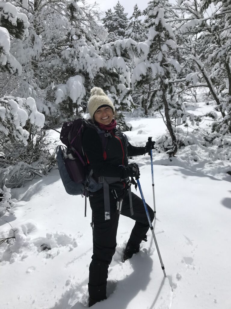 Image of Jamie Bookwalter in snowy mountains.