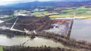 Aerial view of flooded farm fields in Western North Carolina