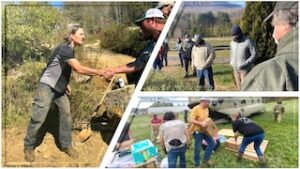 Collage of images of farm workers meeting outdoors and distributing hurricane relief supplies