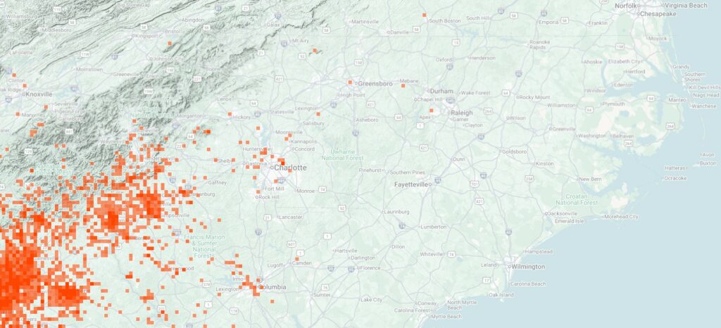 Map with red dots in SC, GA, and western NC indicating areas where Joro spider has been found